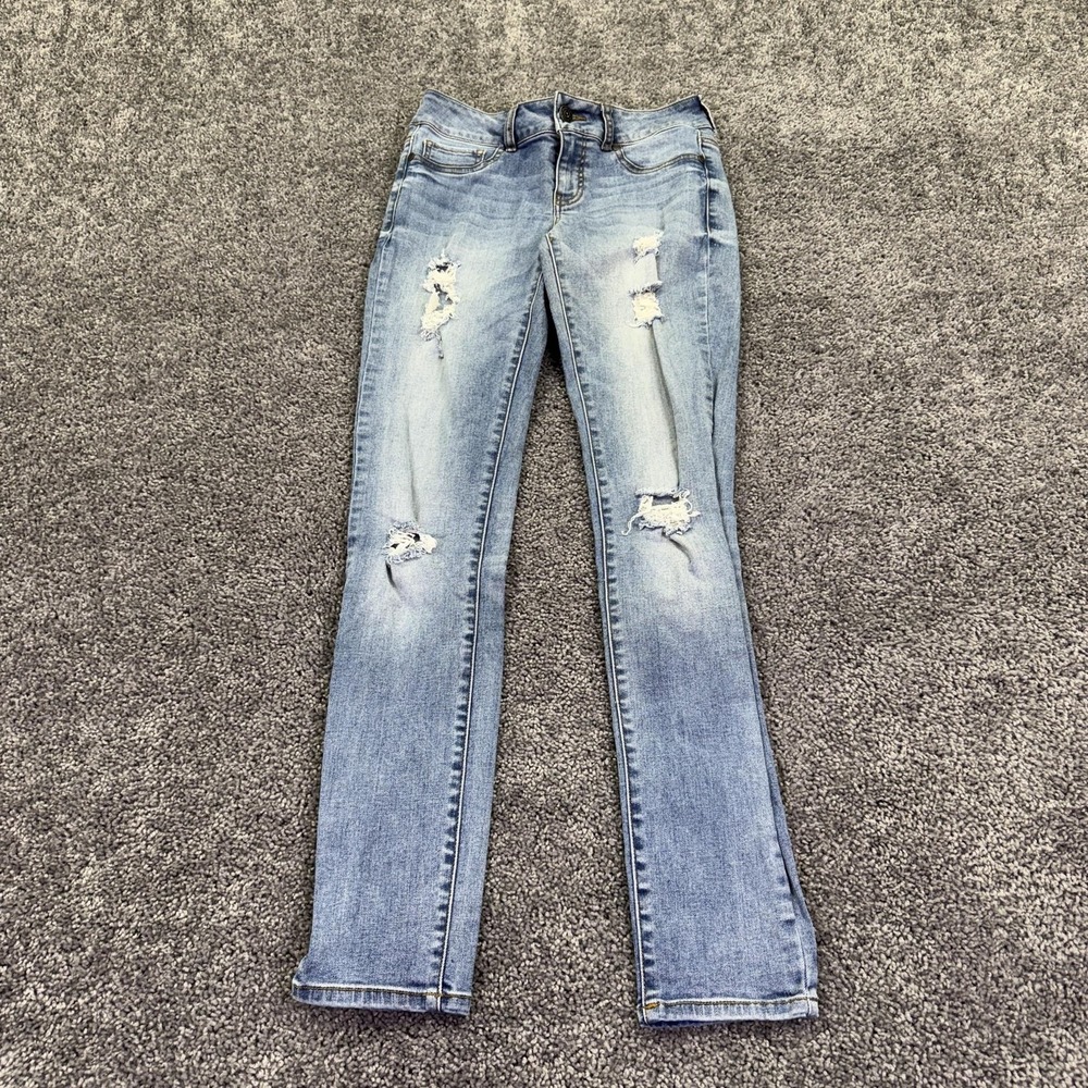 Maurices Jeans Womens S-R Blue Skinny Distressed Stretch Denim Light Wash Casual